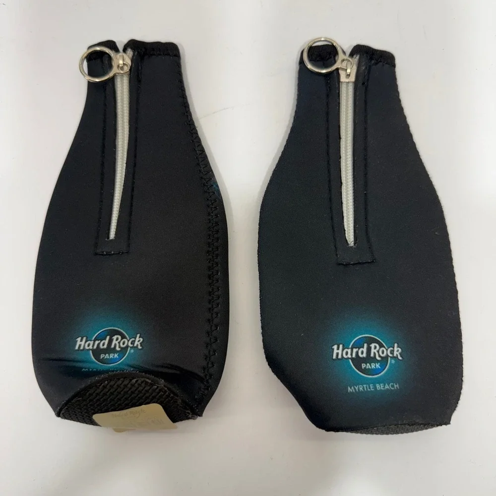 Hard Rock Park Myrtle Beach 2008 Bottle Coozie Neoprene Zipper Set of 2 Black
